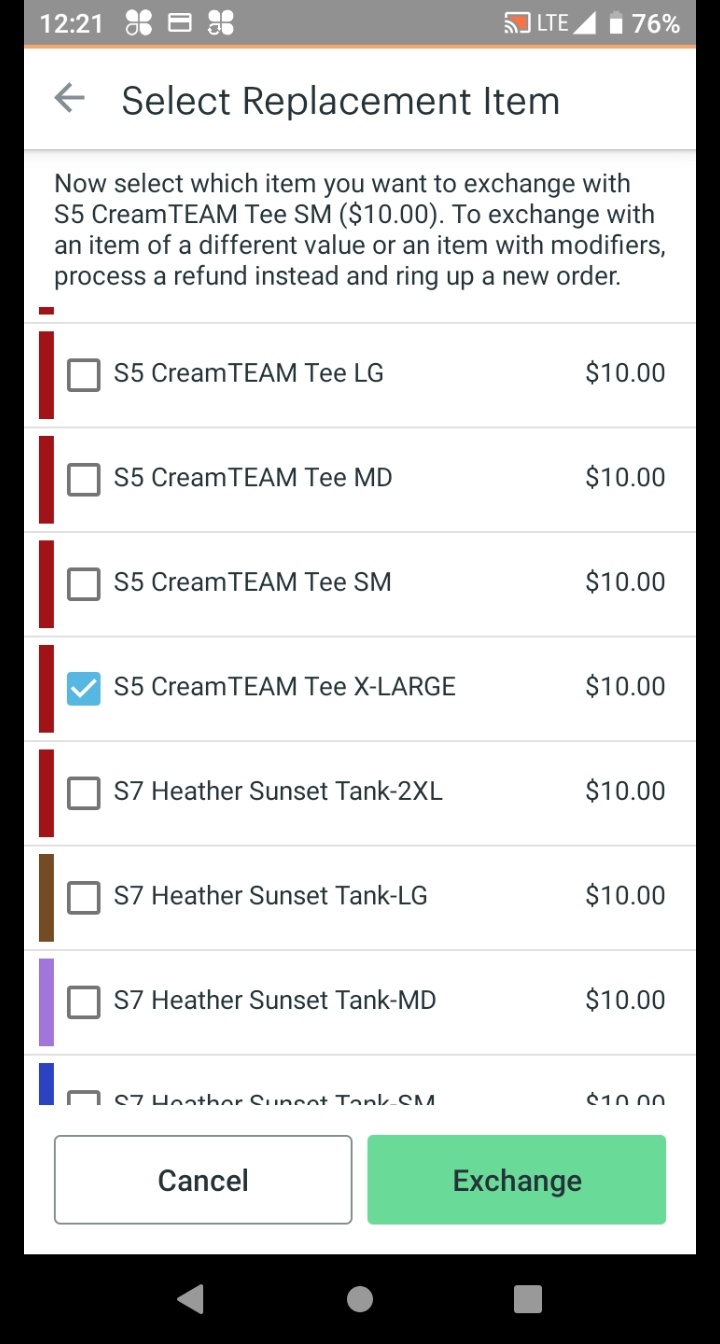Replacement item selection screen for the exchange.